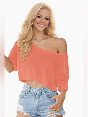 🍊🪸 Coral Off-Shoulder Top | Flowy Summer Crop Tee | SIZE SMALL